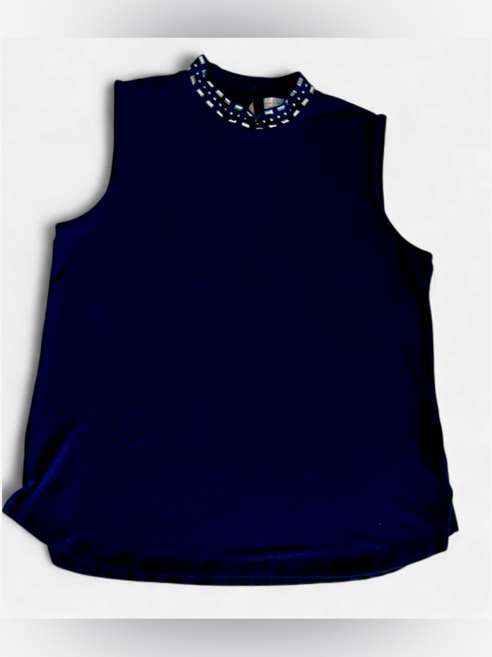 Retrology Navy Mock Neck Sleeveless Knit Stretch Cut-Out Blouse Jeweled Collar L